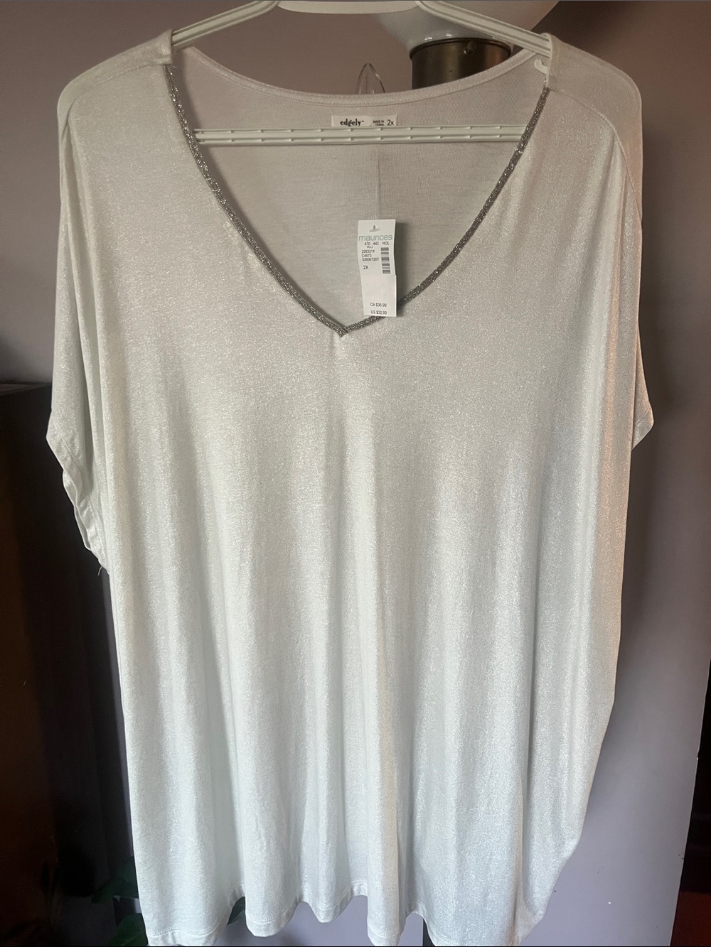 Relaxed V-Neck Shimmer Tunic with Silver Trim